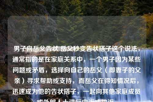 男子向岳父告状 岳父秒变告状搭子这个说法，通常指的是在家庭关系中，一个男子因为某些问题或矛盾，选择向自己的岳父（即妻子的父亲）寻求帮助或支持，而岳父在得知情况后，迅速成为他的告状搭子，一起向其他家庭成员或外部人士进行申诉或控诉。