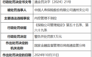 国寿寿险通州支公司因内控管理不到位被罚1万元